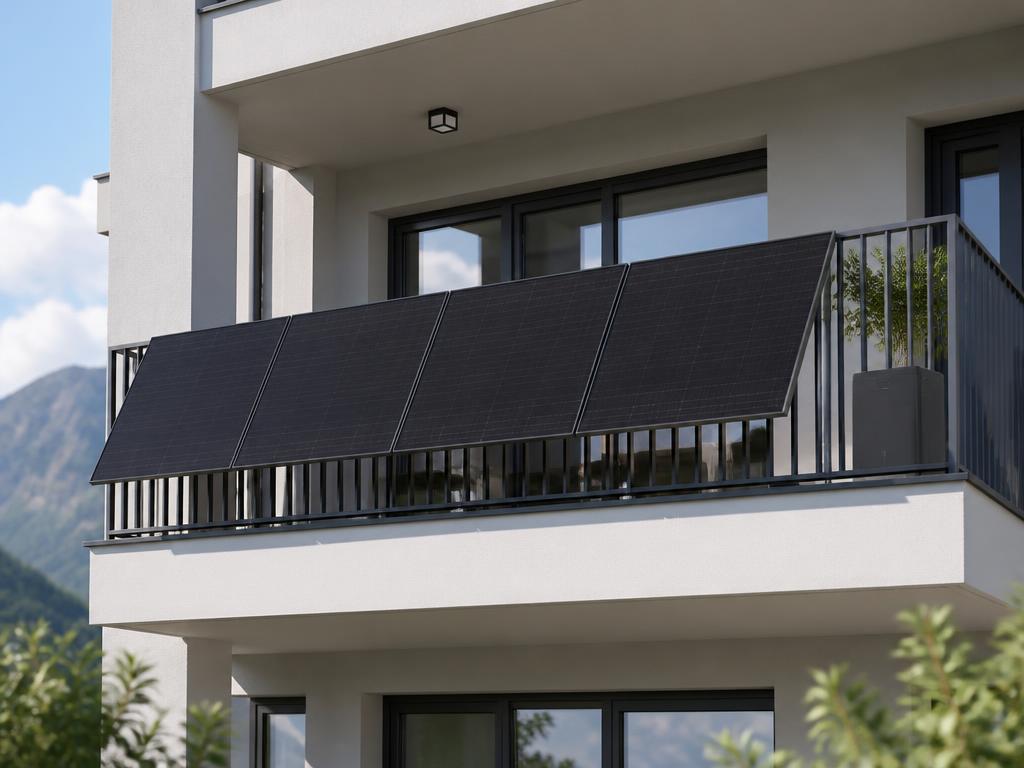 Balkonkraftwerk mit vier schwarzen Solarmodulen aussen an der Balkonbrüstung und anthrazitfarbenem Speicher