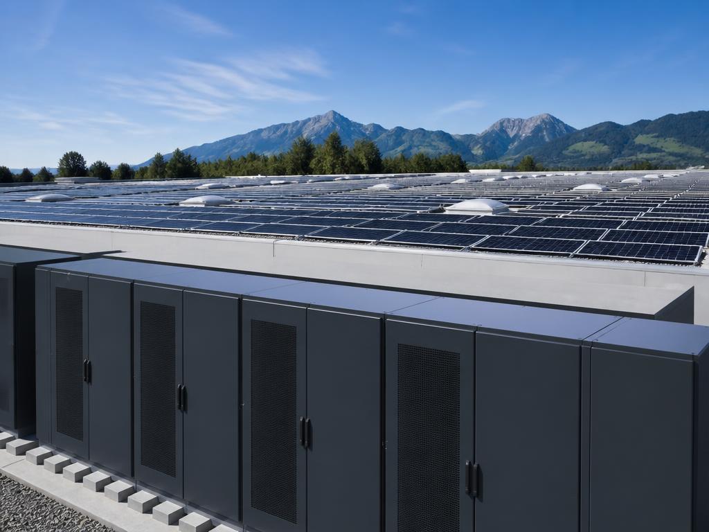 Gewerbliche Photovoltaikanlage auf dem Flachdach mit anthrazitfarbenen Batteriespeicher-Schränken
