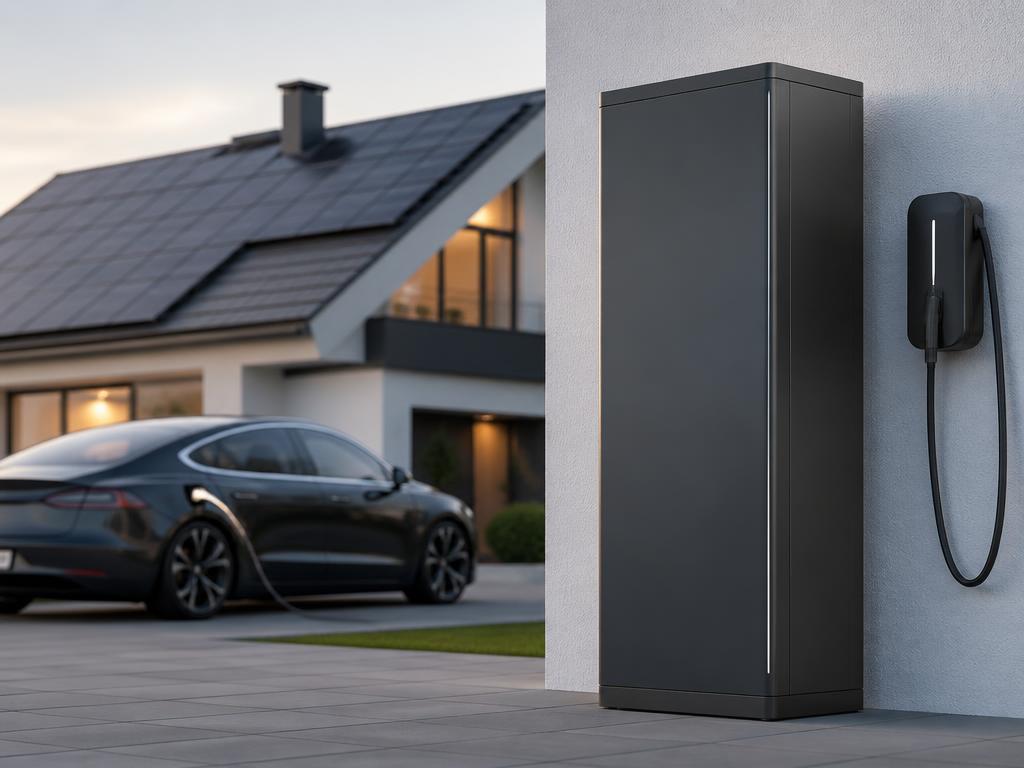 Anthrazitfarbener Batteriespeicher neben Wallbox mit ladendem Elektroauto vor Familienhaus mit Photovoltaikdach