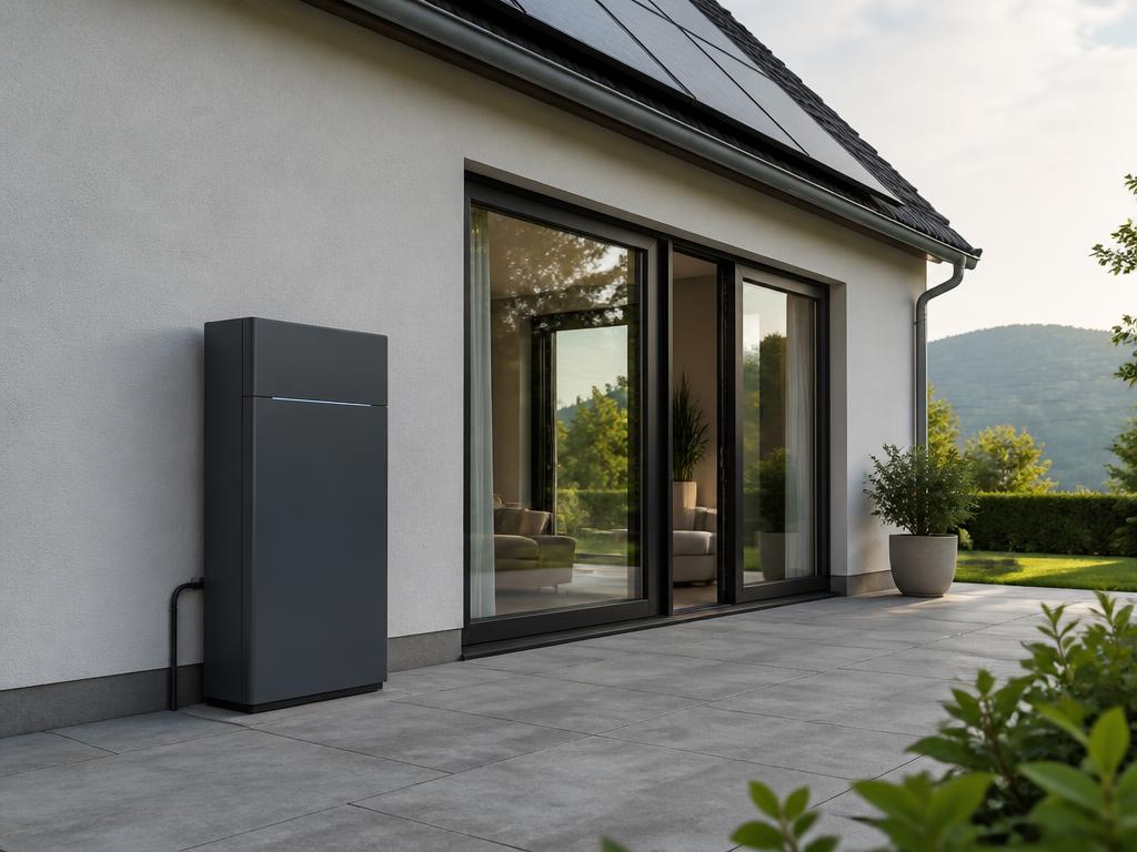 Anthrazitfarbener Batteriespeicher an der Hauswand auf der Terrasse eines Einfamilienhauses mit Photovoltaikdach